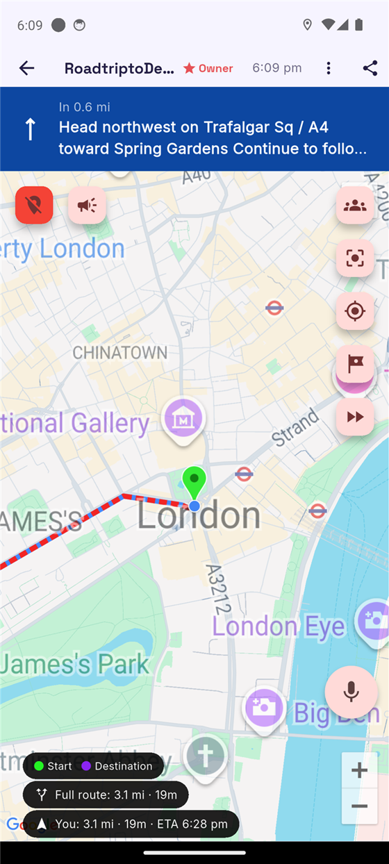 Packbound's map screen mid-trip, showing a turn-by-turn direction banner and the live route overlaid on the map
