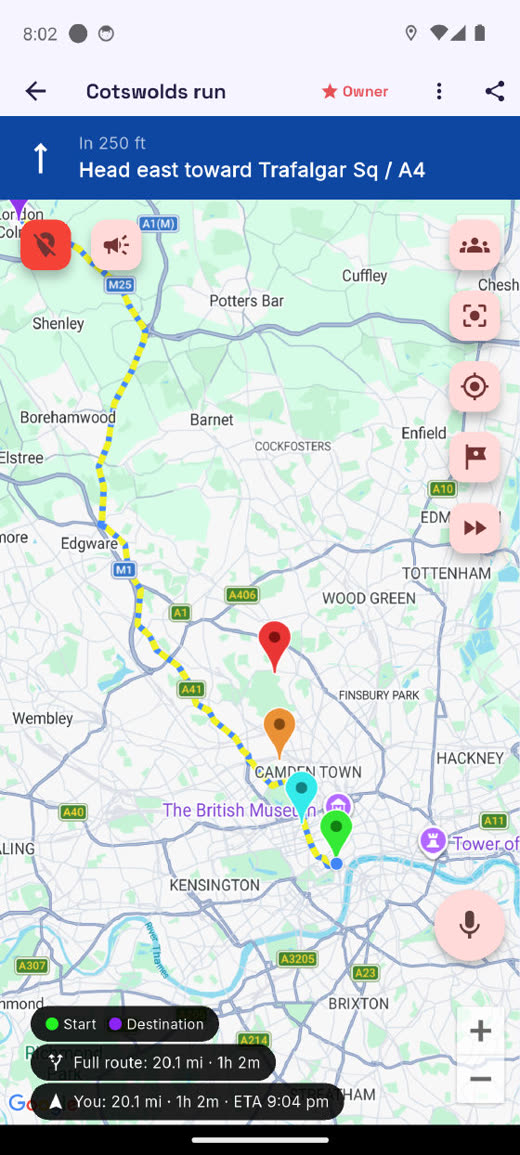 Packbound's map during a trip, showing the planned route and four group members spread out along it at different distances
