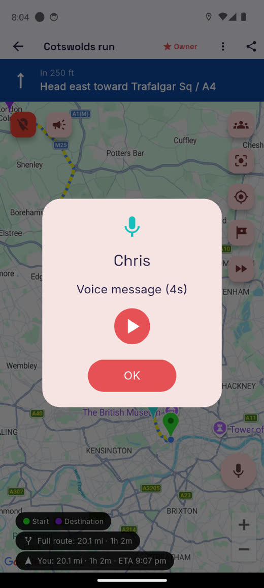 An incoming voice message alert from a group member, with a play button and an OK button to dismiss